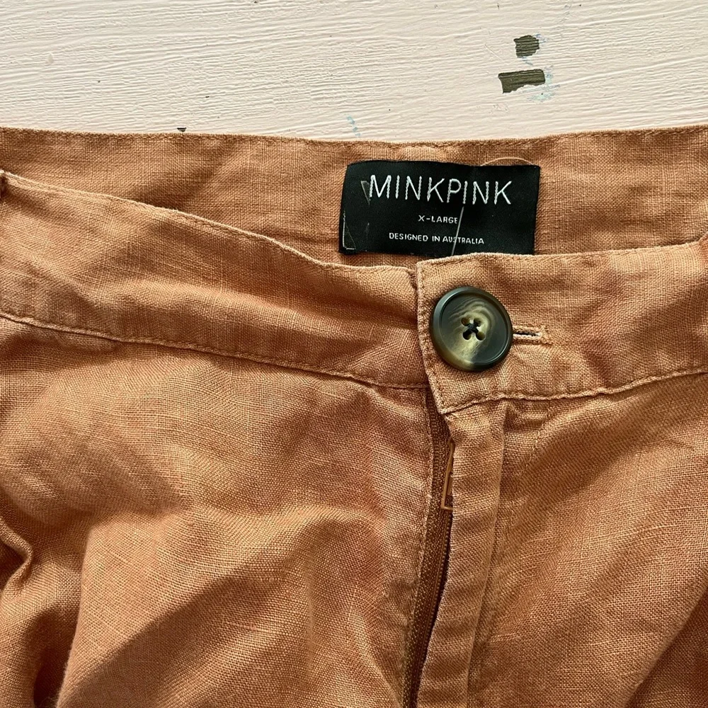 MinkPink 100% Linen Dylan Wide Leg Pants Pink High Ankle Crop Pleated 32 Waist